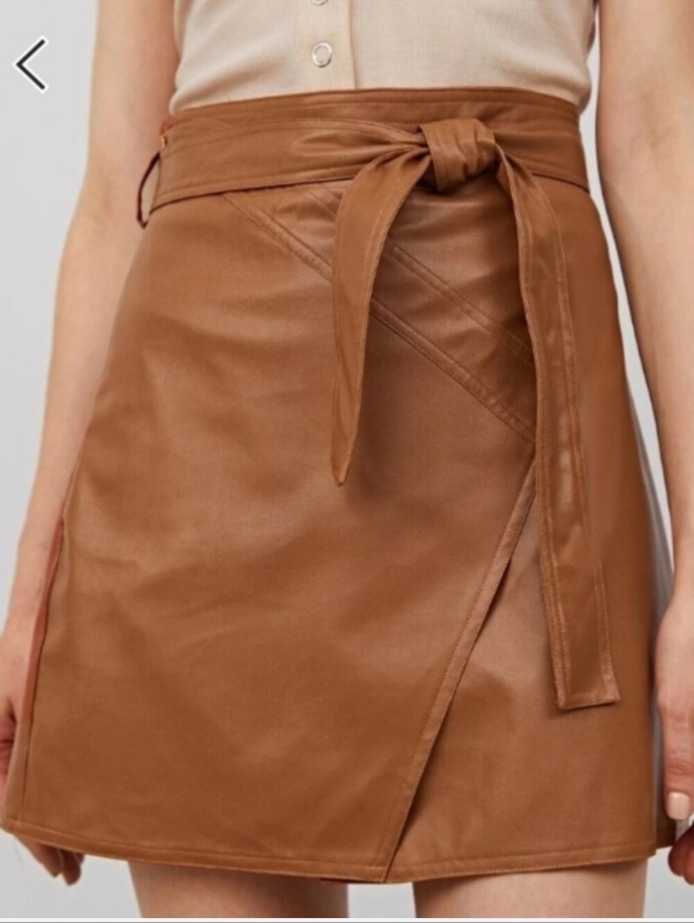 SHEIN Cognac Faux Leather Tie-Waist Mini Skirt